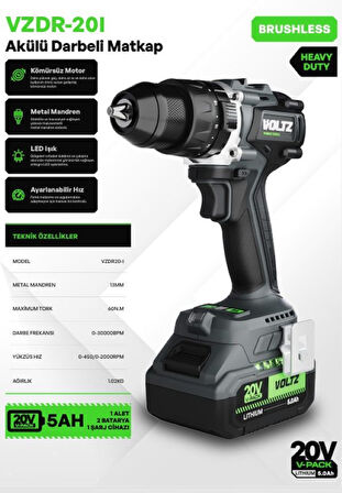 Voltz VZDR-20I Akülü Darbeli Matkap - 60NM - Kömürsüz - Ağır Hizmet - 13 mm Metal Mandren - Led Işık - Aya