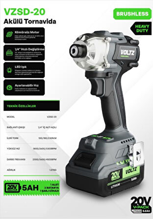 Voltz VZSD-20 Akülü Tornavida - Kömürsüz - Ağır Hizmet - 1/4" Hızlı Değiştirme - Led Işık - Ayarlanabilir 