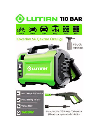Lutian LT2161-1400 1400 Watt - 110 Bar - 6.5 Litre/Dakika - Portatif Yıkama Makinası - Kovadan Su Çekme Fon