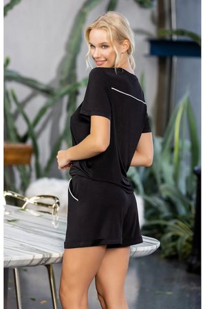 Laperissa Kadın Siyah Saten Polyester Şortlu Pijama Takımı XL Mevsimlik Alt Üst Takım
