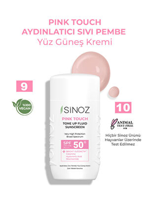 Sinoz Spf50 Pink Touch Aydınlatıcı Sıvı Yüz Güneş Kremi Yeni Nesil Güneş Filtreleri Hibrit Formül 50ml