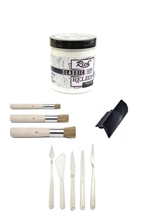 Rich Rölyef Pasta Klasik 350 gr Beyaz Stencil Fırça Seti Plastik Spatül Seti Doku Tarağı
