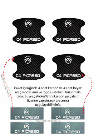 Citroen C4 Picasso İç Kapı Çukuru Çizik Önleyici Karbon Desenli Özel Koruma Folyo Seti C4 Picasso Yazılı