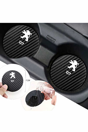 Peugeot 107 Karbon Bardak Altlığı Peugeot 107 Yazılı Spor ve Şık 2 Adet 7 cm Tasarım