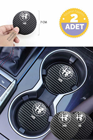 Alfa Romeo 145 Siyah Karbon Araç Bardak Altlığı Alfa Romeo Logolu 145 Özel Üretim 2 Adet 7 cm