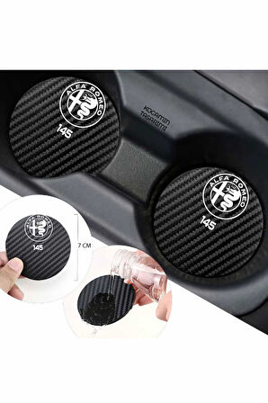 Alfa Romeo 145 Siyah Karbon Araç Bardak Altlığı Alfa Romeo Logolu 145 Özel Üretim 2 Adet 7 cm