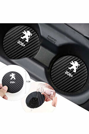 Peugeot 206+ Karbon 7 cm Bardak Altlığı 2 Adet Peugeot Amblemli 206+  Yazılı Spor Şıklığı İçin