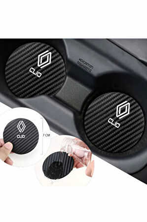 Renault Clio Siyah Karbon 7 cm Bardak Altlığı Renault Yazılı Clio Logolu 2 Adet Dayanıklı Şık Tasarım