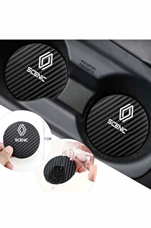 Renault Scenic Yazılı Karbon Bardak Altlığı Renault Armali Scenic İçin Spor ve Şık 7 cm 2 Adet Tasarım