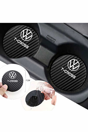 Volkswagen T-Cross Yazılı Karbon Araç Bardak Altlığı Volkswagen T-Cross Modeli İçin 7 cm Şık Tasarım 2 Adet