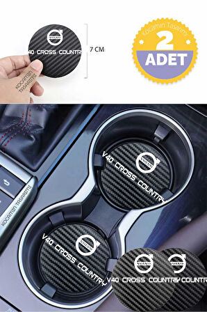 Volvo V40 Cross Country Yazılı Siyah Karbon Araç Bardak Altlığı Volvo Logolu V40 Cross Country İçin Şık ve Spor 7 cm Tasarım 2 Adet