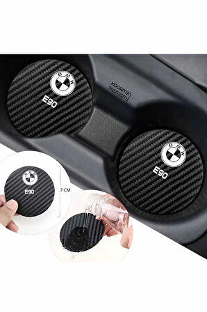 Bmw E90 Yazılı Siyah Karbon Araç Bardak Altlığı Bmw Logolu E90 İçin Şık ve Spor 7 cm Tasarım 2 Adet