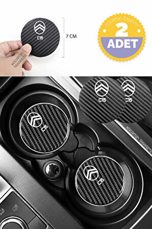 Citroen C15 Karbon Bardak Altlığı Citroen C15 Yazılı Spor ve Şık 2 Adet 7 cm Tasarım