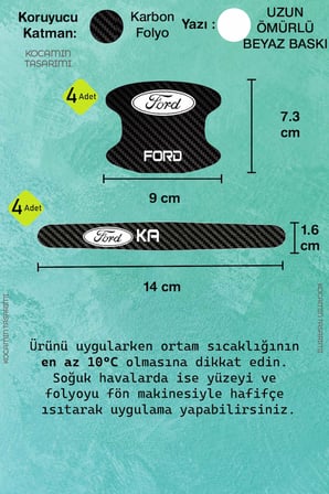 Ford Ka Araç Modeline Özel Ford Ka Karbon Kapı Kolu Koruma Seti – Beyaz Yazılı 8 Parça Şık Tasarım