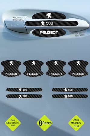 Yeni Nesil Peugeot 508 Karbon Kapı Kolu Koruma Seti – 508 Modeline Tam Uyumlu, Beyaz Yazılı Tasarım
