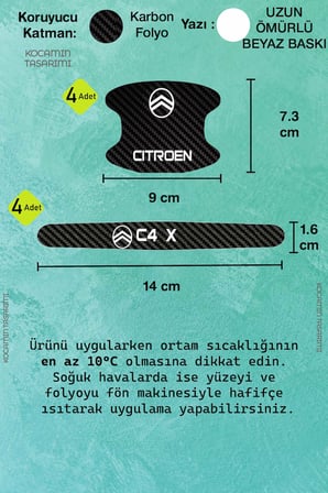 Araç Modeline Özel Citroen C4 X Karbon Kapı Kolu Koruma Seti – Beyaz Yazılı 8 Parça Şık Tasarım