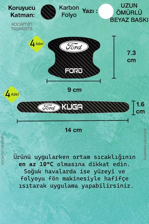 Dekoratif Ford Kuga Karbon Kapı Kolu Koruma Seti – Şık Beyaz Yazılı 8 Parça Koruyucu Folyo