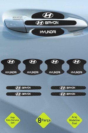 Karbon Kaplama Hyundai Bayon Kapı Kolu Koruma Seti – 8 Parça, Şık Beyaz Yazılı Folyo