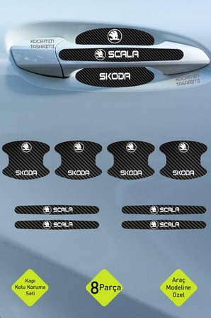Karbon Dokuya Sahip Skoda Scala Kapı İçi Kolları Koruma Seti – Şık Beyaz Yazı Detaylı 8 Parça Ürün