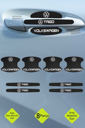 Yüksek Kaliteli Volkswagen Taigo Kapı Kolu Koruma Seti – Karbon Desenli, 8 Parça Şık Beyaz Yazılı Folyo