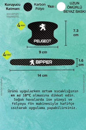 Dayanıklı Baskıya Sahip Peugeot Bipper Karbon Kapı İçi Koruma Folyo Seti – 8 Parça Beyaz Yazılı Ürün