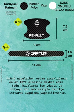Karbon Kaplama Renault Captur Kapı Kolu Koruma Seti – 8 Parça, Şık Beyaz Yazılı Folyo