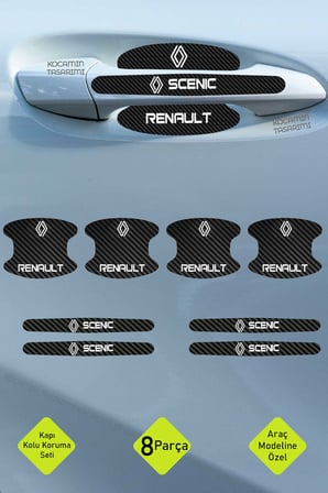 Karbon Kaplama Renault Scenic Kapı Kolu Koruma Seti – 8 Parça, Şık Beyaz Yazılı Folyo