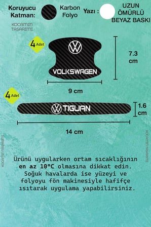 Dekoratif Volkswagen Tiguan Karbon Kapı Kolu Koruma Seti – Şık Beyaz Yazılı 8 Parça Koruyucu Folyo