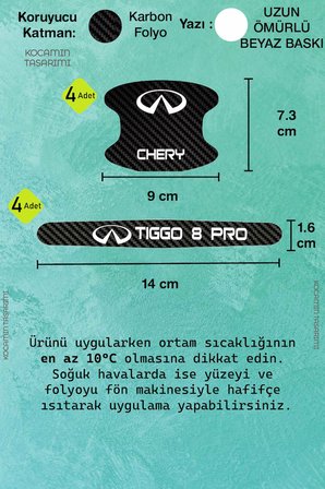 Karbon Kaplama Chery Tiggo 8 Pro Kapı Kolu Koruma Seti – 8 Parça, Şık Beyaz Yazılı Folyo
