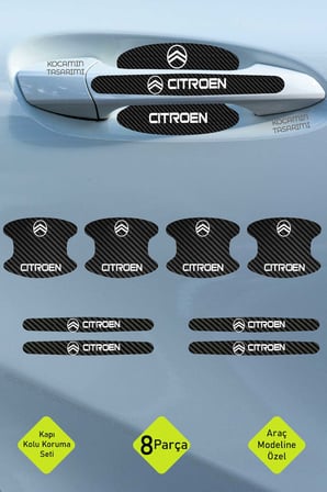 Dekoratif Citroen Uyumlu Karbon Kapı Kolu Koruma Seti – Şık Beyaz Yazılı 8 Parça Koruyucu Folyo