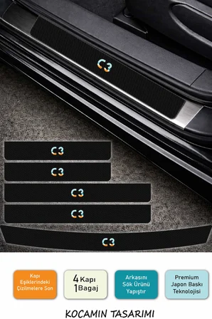 Karbon Desenli Citroen C3 Kapı Eşiği Koruma Seti – 4 Kapı 1 Bagaj 5 Parça Renkli Baskı