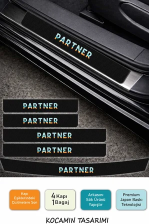 Karbon Desenli Peugeot Partner Kapı Eşiği Koruma Seti – 4 Kapı 1 Bagaj 5 Parça Araç Koruyucu