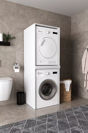 DF03109B Çamaşır Makinesi Dolabı Kurutma Makinesi Standı İkili Raflı Beyaz Banyo Dolabı Düzenleyici
