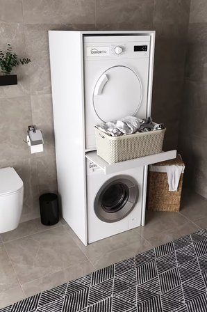 DF03109B Çamaşır Makinesi Dolabı Kurutma Makinesi Standı İkili Raflı Beyaz Banyo Dolabı Düzenleyici