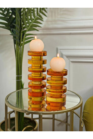 İkili Kristal Galata Mumluk Set - Turuncu