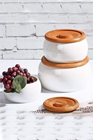 Porselen Bambu Kapaklı 3 lü Saklama Kabı