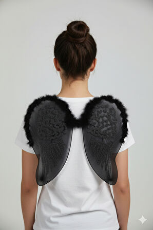 49×45 cm Siyah Simli Tüylü Melek Kanadı – Kostüm, Parti ve Fotoğraf Çekimi Aksesuarı