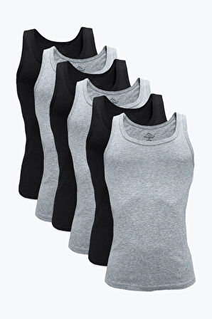 Erkek Siyah Gri 6 Lı Paket %100 Pamuk Ribana Atlet 6m034-e