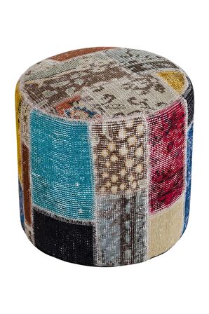 GERÇEK EL DOKUMA MULTİ RENGİ PATCHWORK YUVARLAK PUF