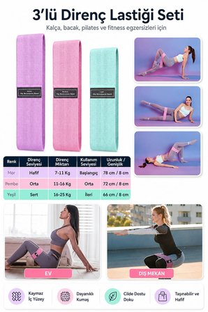 Deconitte 3’lü Kumaş Direnç Lastiği Seti Kaymaz Pilates Fitness Kalça Bacak Egzersiz Squat  ve Loop Bandı Taşıma Çantalı