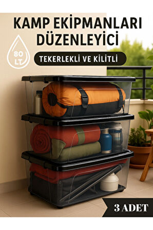80 LT Büyük Boy Saklama Kutusu Kapaklı Plastik Organizer – Kamp Ekipmanları Depolama Kabı 3 adet