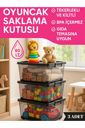 80 LT Büyük Boy Saklama Kutusu Kapaklı Plastik Organizer – Kamp Ekipmanları Depolama Kabı 3 adet