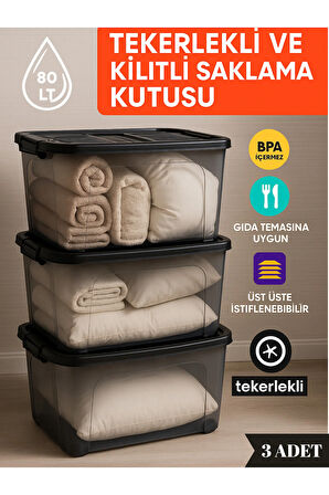 80 LT Büyük Boy Saklama Kutusu Kapaklı Plastik Organizer – Kamp Ekipmanları Depolama Kabı 3 adet