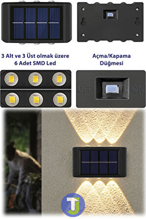 Technojet Modern Solar Güneş Enerjili 6 Ledli Bahçe Aydınlatması Aplik Sarı Işık Led Lamba (2 Adet)