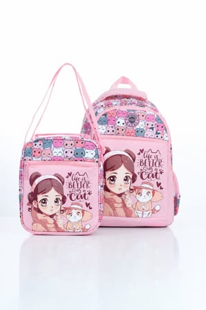 Vital Serisi Kız Çocuk Pembe Kız Desenli Beslenme ve Okul Çantası Seti