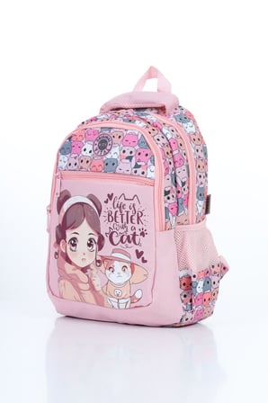 Vital Serisi Kız Çocuk Pembe Kız Desenli Beslenme ve Okul Çantası Seti
