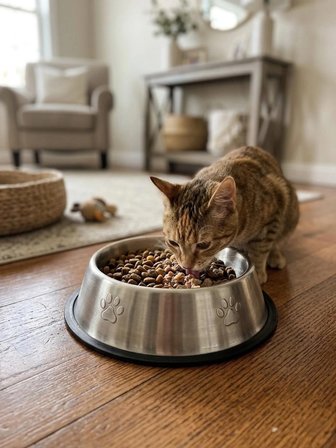 Hakdempet Paslanmaz Çelik Kedi Köpek Mama ve Su Kabı - Kaymaz Tabanlı Pati Desenli 22 cm