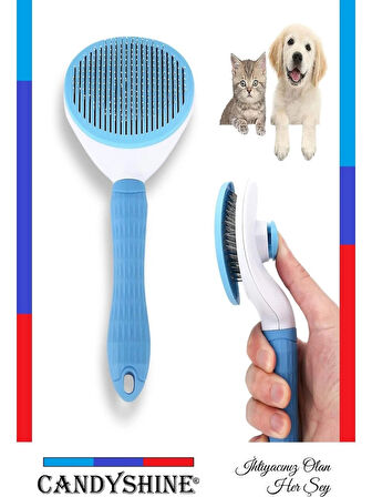 Otomatik Temizlenen Tuşlu Tarak – Kedi Köpek Tüy Toplayıcı Tarak (Mavi)