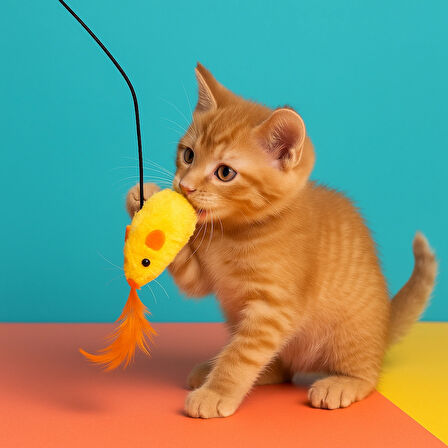 Ses Çıkaran Peluş Fareli Kedi Oltası