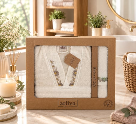 arliva home mono naturel nakışlı bukle bornoz seti